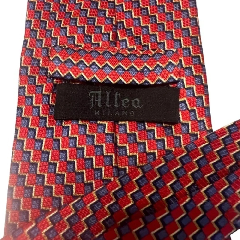 Altea luxury Italian silk tie, geometric red & blue w/ gold, small squares, 4”
